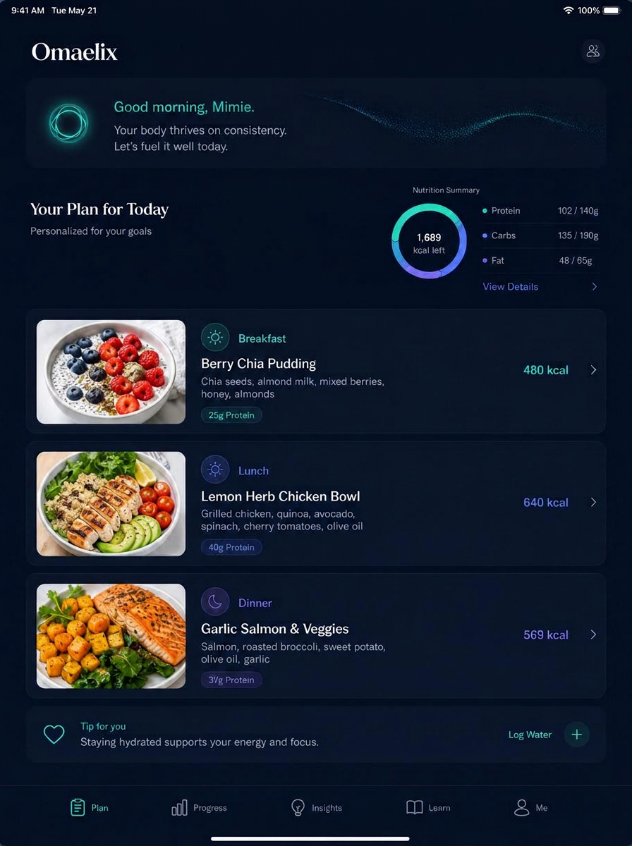 Omaelix tablet view showing today's personalised meal plan